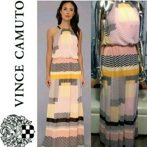 $150 Vince Camuto Multi Color Peach Stripe Halter Sleeveless Maxi Dress - 2 NWOT